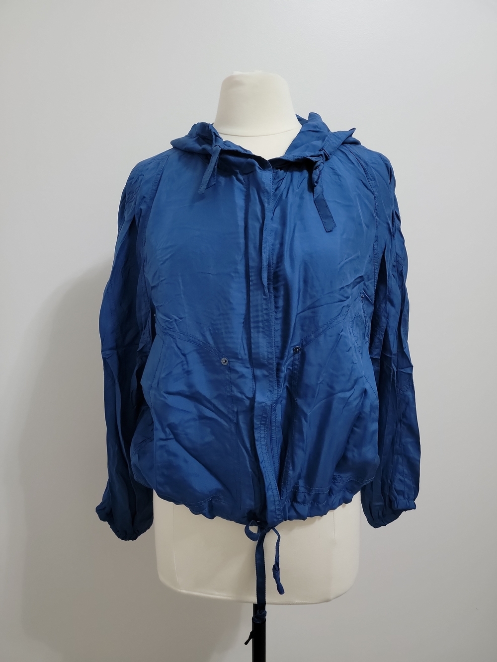 Donna Karen New York Blue Hooded Puff Sleeve Silk Crop Bomber Jacket Size S EUC